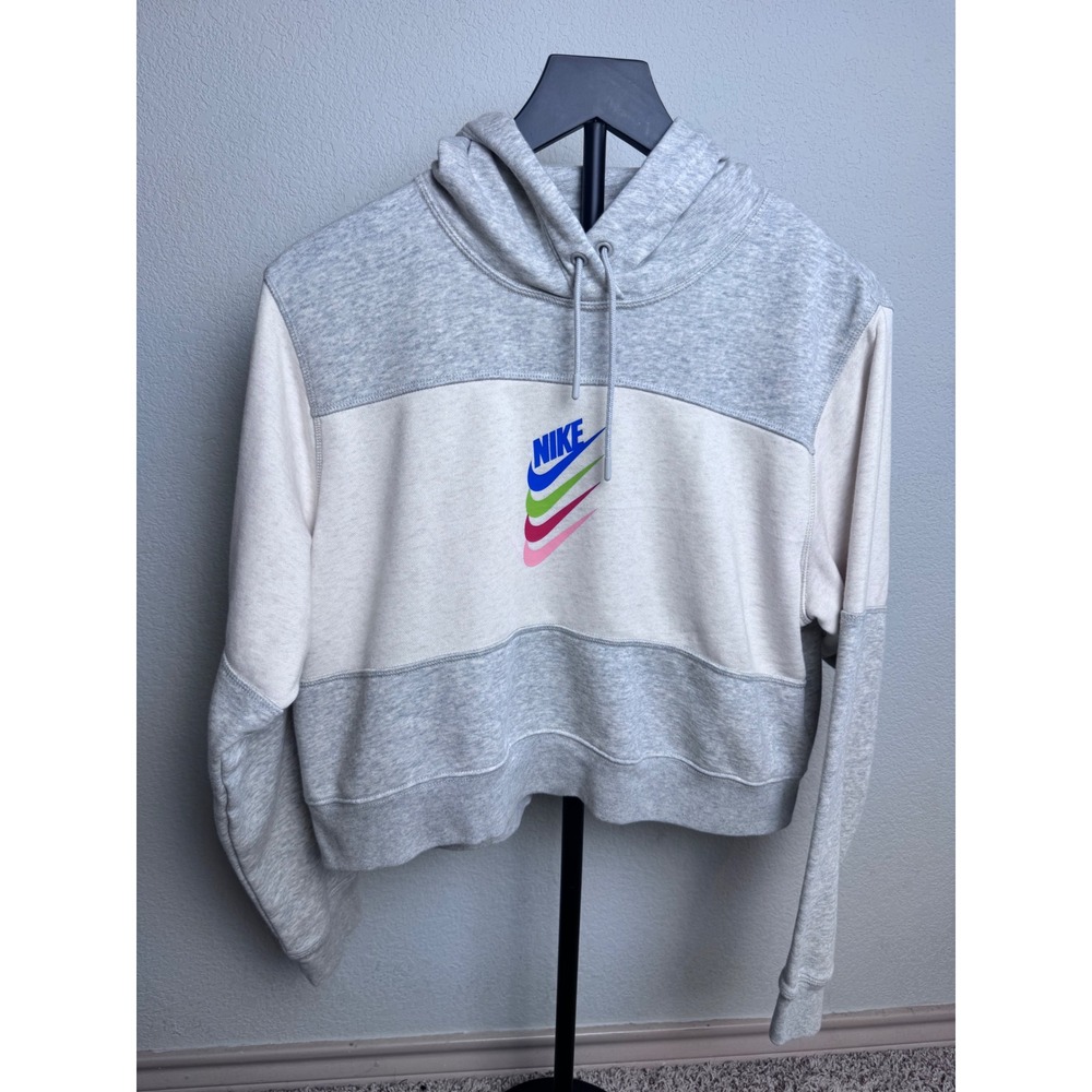 Nike Sportswear Womens Grey Colorblock Stacked Swoosh Cropped Hoodie Medium